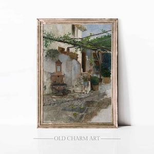 Vintage Cityscape Oil Painting: Italian Cottage Art Print (Digital Download)
