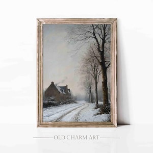 Vintage Christmas Town Print, Moody Winter Landscape Oil Painting, Rustic Winter Cottage Decor, Farmhouse Print | WA212