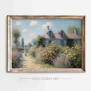 Cottage Garden Landscape Painting: Vintage Farmhouse Art (Digital Download)