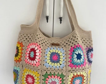 Gehaakte tas, oma vierkante tas, Boho tas, retro tas, hippie tas, vintage stijl, cadeau, cadeau voor haar, strand, zomertijd