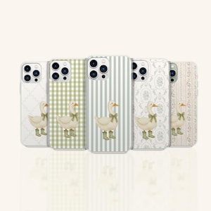 May include: Five phone cases with different patterns, each featuring a watercolour illustration of a goose wearing a bow and boots. The cases have various backgrounds, including stripes, gingham, and floral designs.