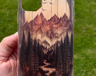 Mountain Landscape Phone Case – Wood Effect Forest Nature Cover fit iphone Samsung Case for Outdoor Lovers High quality printed design