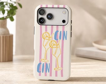Trendy phone Case Cin Cin Italian Amalfi Summer Pink Stripe Lemon Cocktail Cover for iPhone 17 Pro Magnetic | fits Samsung & Pixel models