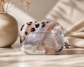 Leopard Marble Earbud Case Beige Gold Agate Cover Neutral Luxury Animal Print Design | Compatible with AirPods Pro 2, Pro 3 fits AirPods 4