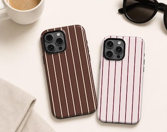 Brown Tailored Stripe Phone Case fits iPhone 18 17 16 15 Pro, Chocolate Brown Pinstripe Cover, Retro Preppy Case, Compatible with MagSafe