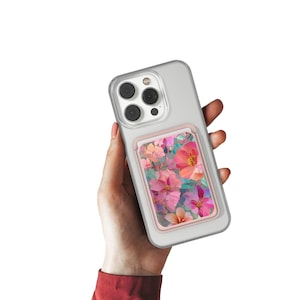 MagSafe-portemonnee met gebrandschilderd glas Kaarthouder roze bloemen Telefoonportemonnee pioenroos, magnetische telefoonaccessoires van eco-leer, magsafe-iphone