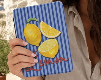 Blue Striped Lemon E-reader case Italian Mediterranean Citrus Cover fits Kindle | Preppy Design for Kindle Colorsoft Signature 7", 6.8" & 6"