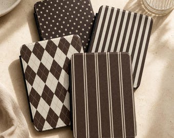 Brown Pattern Case for Kindle Paperwhite 11th 12th, Neutral Gingham Plaid E-Reader 6.8" Cover with Hand Strap fits Colorsoft 2024
