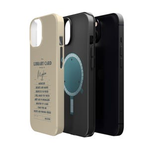 May include: Three phone cases in a row. The first is beige with text that reads "LIBRARY CARD" and a list of phrases. The second is black with a teal and white design. The third is solid black.
