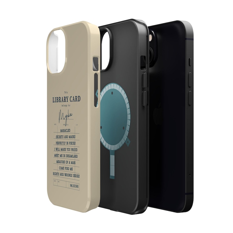 May include: Three phone cases in a row. The first is beige with text that reads "LIBRARY CARD" and a list of phrases. The second is black with a teal and white design. The third is solid black.