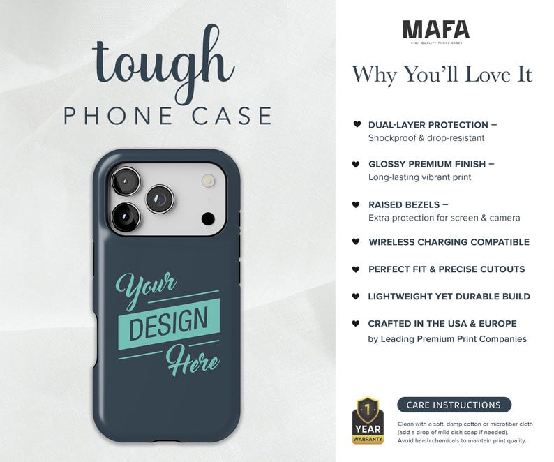 K&ouml;nnte beinhalten: Marineblaue Handyh&uuml;lle mit dem Text "Your Design Here" in Wei&szlig; und T&uuml;rkis. Die H&uuml;lle ist mit "tough PHONE CASE" beschriftet und verf&uuml;gt &uuml;ber eine gl&auml;nzende Oberfl&auml;che, erh&ouml;hte Einfassungen und kabelloses Laden.