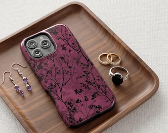Flowers burgundy Phone case | Dark Moody Floral Cover for iPhone 17 16 Pro Max, fit for Samsung S26 Ultra Case