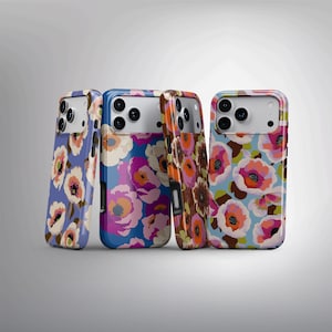 May include: Four smartphone cases arranged in a row, each featuring a distinct floral pattern with vibrant colors including pink, orange, brown, and blue. The cases have a rectangular shape with rounded corners and a cutout for a camera module.