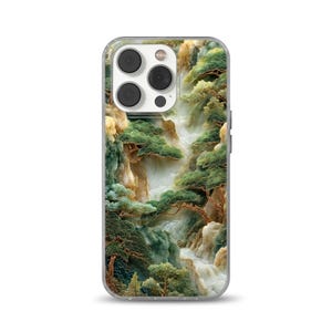 Custodia per telefono Pines Jade Forest per iPhone 16 Samsung S25 Custodia per telefono Whispering Pines - Custodia artistica con paesaggio naturale di Faux Jade Forest