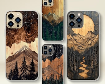 Nature Inspired Wooden Mountain Phone Case for iPhone, Samsung - Premium Quality Matt PRINT Rustic Wood Mountain Wald, Sterne Naturkunst