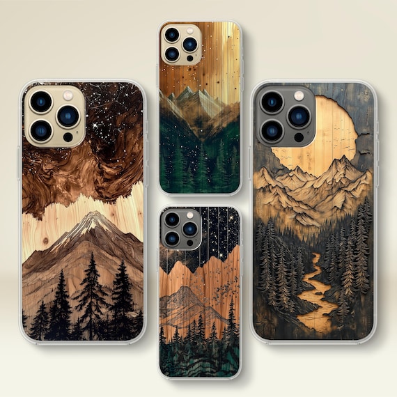 Wooden Mountain Phone Case, Rustic Nature Art Print, iPhone Samsung