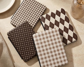 Autumn Brown Pattern Case for Kindle Paperwhite 11th 12th Gen, Neutral Gingham Plaid E-Reader Cover with Hand Strap, Fits Colorsoft 2024
