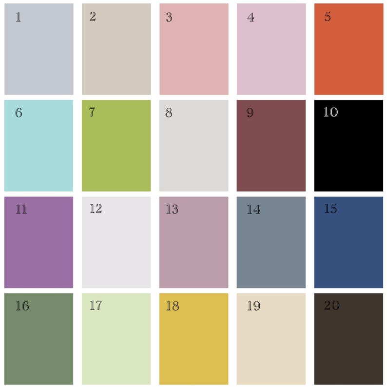 K&ouml;nnte beinhalten: Eine Farbpalette mit zwanzig verschiedenen Volltonfarbfeldern, jeweils quadratisch. Die Farben reichen von Hellblau, Beige und Rosa bis hin zu dunkleren Farbt&ouml;nen wie Schwarz, Marineblau und Braun. Die Palette ist in einem Raster angeordnet.