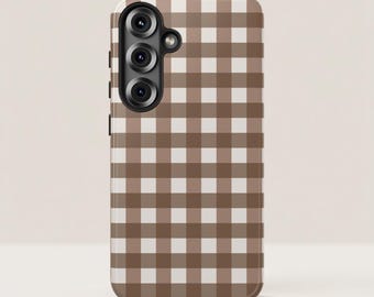 Brown Gingham Samsung Galaxy Case | Cocoa White Check Plaid Tough Cover | Classic Preppy Clean Girl | Samsung S25 iPhone 16 pro max