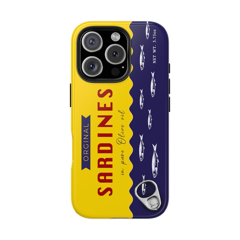Phone case designed as a vintage sardine tin can with silver fish illustration and pull-tab detail on a bold yellow and navy background – retro foodie aesthetic.