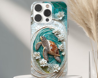 Stained Glass Sea Turtle Phone Case Floral Mosaic Art iPhone 16 Pro Max Samsung S25 Pixel 9, Ocean Wave Marine Phone Cover Gift