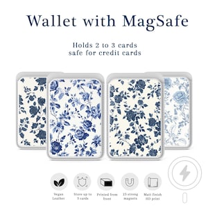 MagSafe ウォレット ブルー フローラル ローズ - マグネット式レザー フローラル ヴィンテージ パターン カードホルダー iPhone 16、iPhone 14、iPhone 13 Pro、12 MagSafe に対応