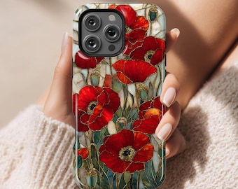 Custodia magnetica per telefono con motivo papaveri in vetro colorato, cover protettiva per iPhone 16 Pro Max e Samsung S26.