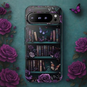 May include: A phone case featuring a detailed design of a bookshelf with books, butterflies, and purple roses. The case has a teal background and a clear border. The design includes various shades of purple and orange.