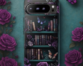 Google Pixel 10 9a Pro XL 8, 7 Dark Academia Bookshelf phone Case, Fantasy bookshelf Gothic Floral Android Cover