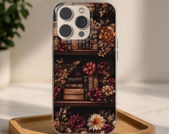 Gothic Aesthetic Phone Case book lover case for iPhone 17 Pro Max, iphone 11 12, Samsung S25 Edge, A16, Pixel 10 floral bookshelf case