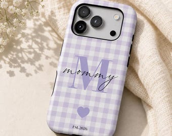 Personalized Gingham Phone Case fits iPhone 17 Pro Max, Custom Initial Mom Grandma Gift, Pastel Checkered Case