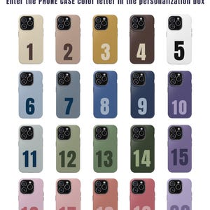 May include: A selection of twenty phone cases in various colors, each numbered from 1 to 20. The cases are displayed in a grid, with the text "COLORS" and instructions to enter the color letter in the personalization box.