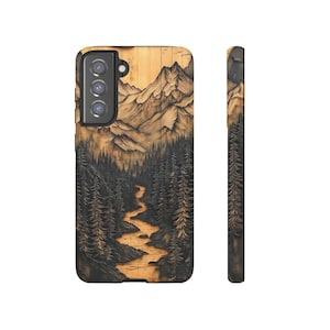 Custodia rigida per Samsung – Custodia per telefono con stampa lucida, motivo: foresta di montagna, stile Wood Burning Nature, accessorio per escursioni, paesaggio, pino.