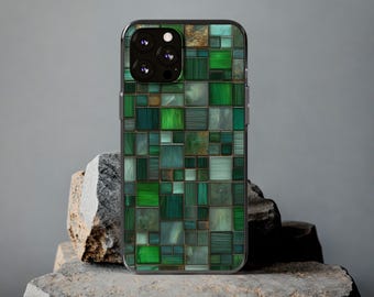 Green Toned Glass Mosaic Tiles Phone Case for iPhone 17 16 15 14 13 12 Pro Max, Retro Cover for Samsung Galaxy S23 S24 S25 Gift for Grandma