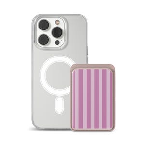 Puede incluir: Una funda transparente para teléfono con un diseño circular blanco y una cartera para teléfono a rayas rosas y blancas. La cartera es rectangular y tiene un borde marrón claro. La funda del teléfono tiene múltiples lentes de cámara.