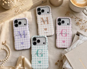 Custom Monogram Gingham Phone Case fits iPhone, Samsung Galaxy and Google Pixel, Personalized Name Initial Magnetic Cover Magnetic Case