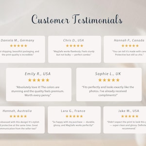K&ouml;nnte beinhalten: Grafik mit Kundenbewertungen. Der Text "Customer Testimonials" steht oben. Die Bewertungen befinden sich in wei&szlig;en K&auml;stchen mit Kundennamen und Bewertungen. Zitate beziehen sich auf Versand, Qualit&auml;t und Design.