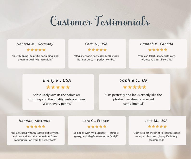 K&ouml;nnte beinhalten: Grafik mit Kundenbewertungen. Der Text "Customer Testimonials" steht oben. Die Bewertungen befinden sich in wei&szlig;en K&auml;stchen mit Kundennamen und Bewertungen. Zitate beziehen sich auf Versand, Qualit&auml;t und Design.