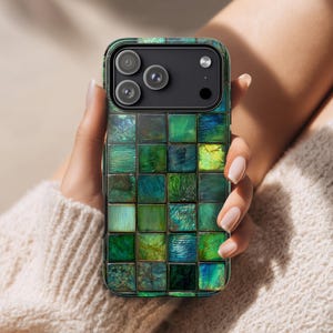 Funda para iPhone con diseño de azulejos verdes, imitación de vitral, MagSafe 17 Pro con patrón de mosaico