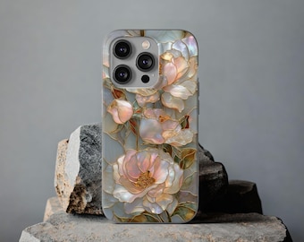 Luxus Perlen Floral Handyhülle - Gold Umrandete Blumen Perlmutt Textur, Romantische Vibe Schutzhülle für iPhone & Samsung