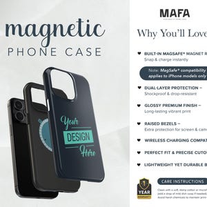 K&ouml;nnte beinhalten: Drei schwarze und marineblaue magnetische Handyh&uuml;llen. Die marineblaue H&uuml;lle tr&auml;gt den Text "Your DESIGN Here" in T&uuml;rkis. Das Bild enth&auml;lt auch den Text "magnetic PHONE CASE" und "MAFA".