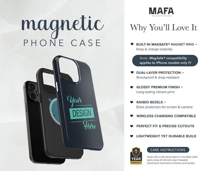 K&ouml;nnte beinhalten: Drei schwarze und marineblaue magnetische Handyh&uuml;llen. Die marineblaue H&uuml;lle tr&auml;gt den Text "Your DESIGN Here" in T&uuml;rkis. Das Bild enth&auml;lt auch den Text "magnetic PHONE CASE" und "MAFA".