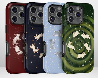 Kawaii Bunny Galaxy Phone Case Whimsical Running hares Rabbit Phone Case Celestial Starry Night Cover for iPhone 17 16 15 Pro Max