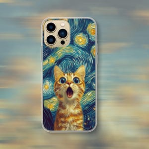 Van Gogh Phone Case Cat Meme Parody Cover for iPhone 16 Pro Max, 15 Plus, 14, 13, 12, 11, XS & Samsung S25, S24, A56, A55, Pixel 9 Pro, 8
