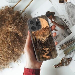 Mountain Landscape Phone Case – Wood Effect Forest Nature Cover fit iphone Samsung Case for Outdoor Lovers High quality printed design