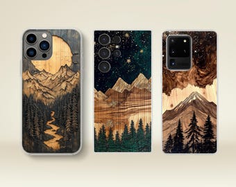 Wood Print Mountain Phone Case | Rustic Forest Landscape Printed Cover for iPhone 11 12 15 16e & Samsung s26 s22 s21