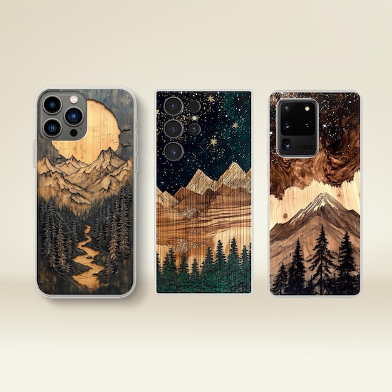 Natur Design Handyhülle in Holzoptik – Wald- und Bergmotiv TPU Case mit mattem Druck
