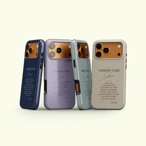 May include: Four smartphone cases in navy, lavender, sage green, and beige, each featuring a metallic bronze camera housing. The back of each case displays a library card graphic with printed text, including titles and names like Caitlin.