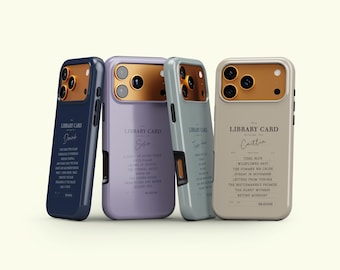 May include: Four smartphone cases in navy, lavender, sage green, and beige. Each case features a metallic bronze camera housing and a printed library card design with a name and a list of book titles. The text includes The Library Card.