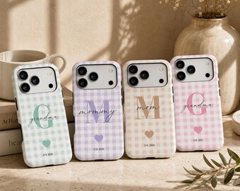 Pastel gingham phone cases in mint, lavender, beige, pink custom initials for Mom Mommy Grandma fits iPhone, Samsung, Google Pixel models.